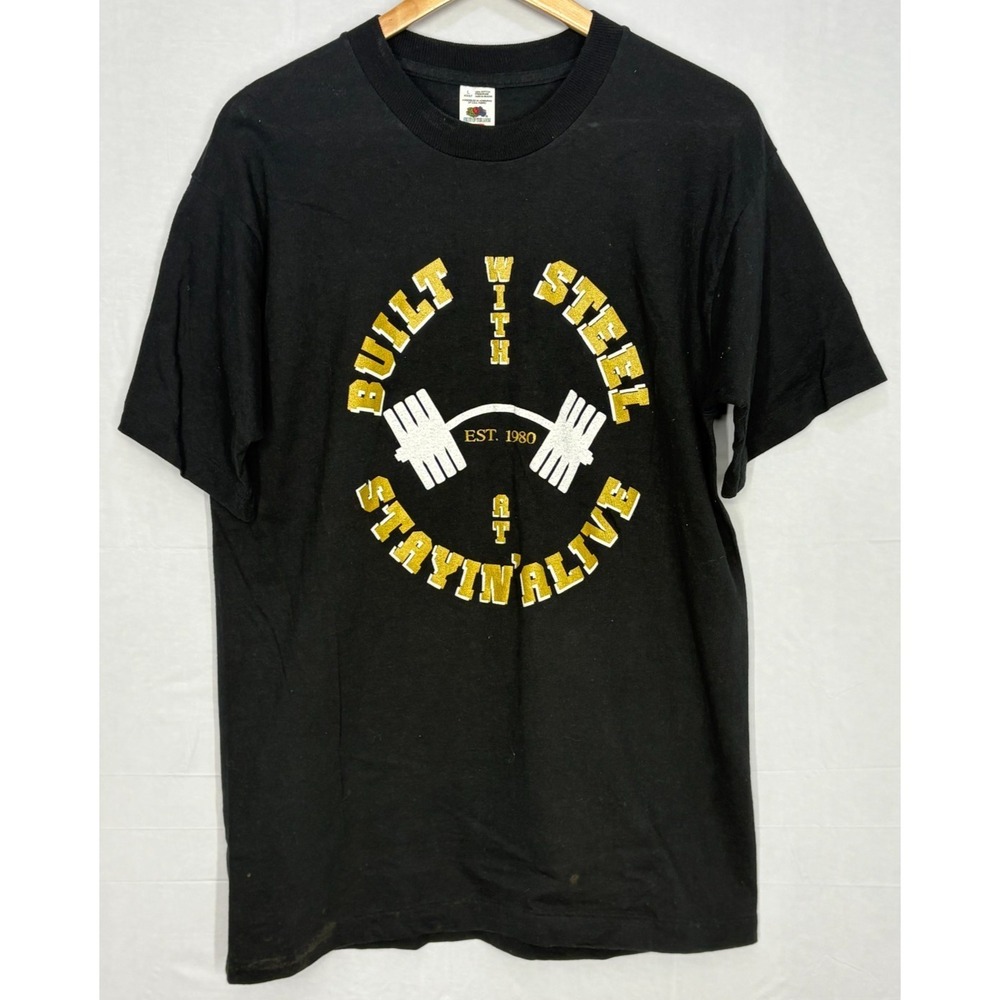 Built With Steel Stayin' Alive Mens T-Shirt Black Large Vintage 80s Fruit Loom